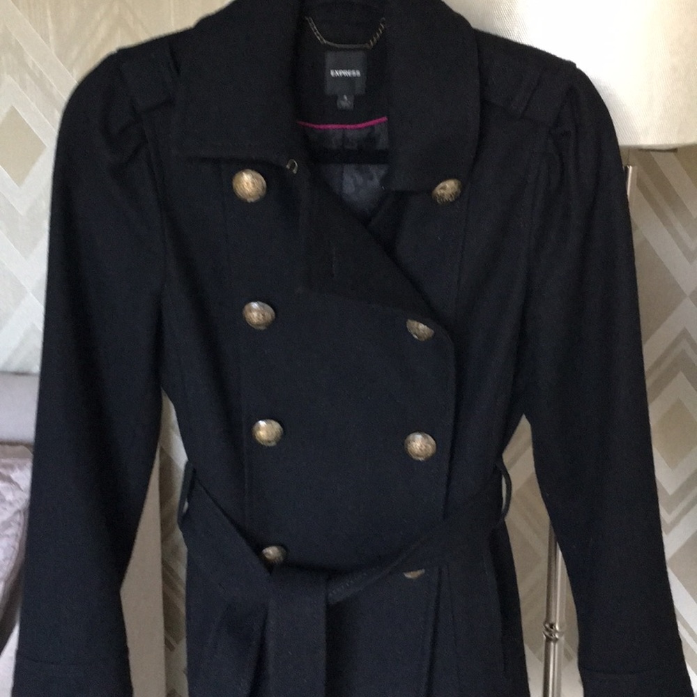 Express Black Double-Breasted Pea Coat with Gold Buttons - Picture 2 of 8